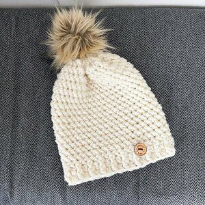Adult, Mens, Ladies Ivory crochet hat, faux fur Pompom, Slouchy Knit Hat